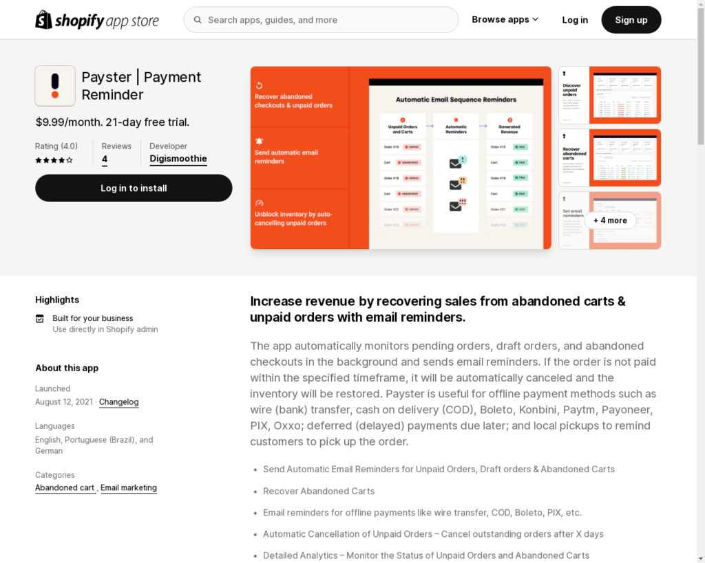 SAAS business for sale Payster Payment reminder (Shopify App)